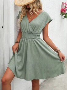 EMERY ROSE Women Summer V-Neck Overlap Shirred Waist Loose Dress