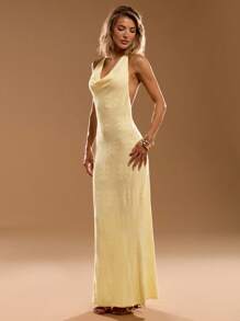 SHEIN BAE Women's Long Yellow Solid Color Swing Neck Simple Sleeveless Neck Hanging Backless Jacquard Long Sweater Dress, Elegant Dresses, Party Dresses - Yellow - View 4