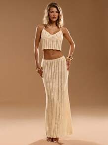 SHEIN BAE Summer Women's Casual Vacation Beach Fashion Neck Crochet Top And Long Skirt Two Piece Set, Vacation Set, Beach Vacation Wear, Bohemian Vacation Wear