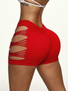 Slayform 1pc Women Ripped Backline V-Neck Ultra Short Running Shorts For Workout Workout Short Y2k Glowmode - Red - View 1