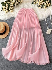 DreamSkyne Chân váy midi xếp ly voan trơn màu thanh lịch & lãng mạn cỡ lớn - Hồng - Xem 2