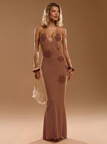 SHEIN BAE Women's Summer Vacation Casual Long Dimensional Floral Sexy Backless Fishtail Dress, Elegant Vacation Dresses, Beach Casual Vacation Wear, Bohemian Wear, Long Dresses