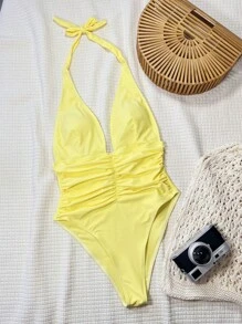Swim SXY Women's Solid Color Shirred Sleeveless One-Piece Swimsuit, Slim Fit For Summer - Yellow - View 3