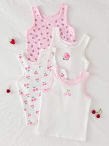 4pcs/Set Girls Cute Strawberry & Cherry Fruit Printed Camisoles, Can Be Worn Outerwear Or Undergarment Girls Tank Top Sets Girls Multi Pack Clothes Kids Sleeveless Tops Girls Undershirts Girls Summer Tank Tops Fall Winter - Multicolor - View 3