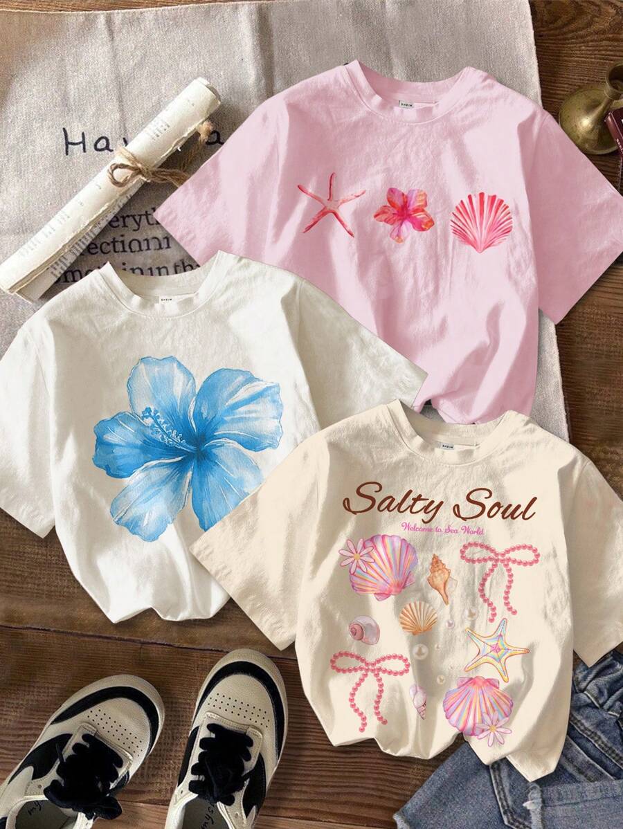 SHEIN 3 件套 Tween Girls Chill Vacation 热带芙蓉花、鸡蛋花、海星、珍珠贝壳海滨图案圆领短袖 T 恤，休闲简约，适合夏季度假，白色、米色、浅粉色 - 彩色 - 查看 1
