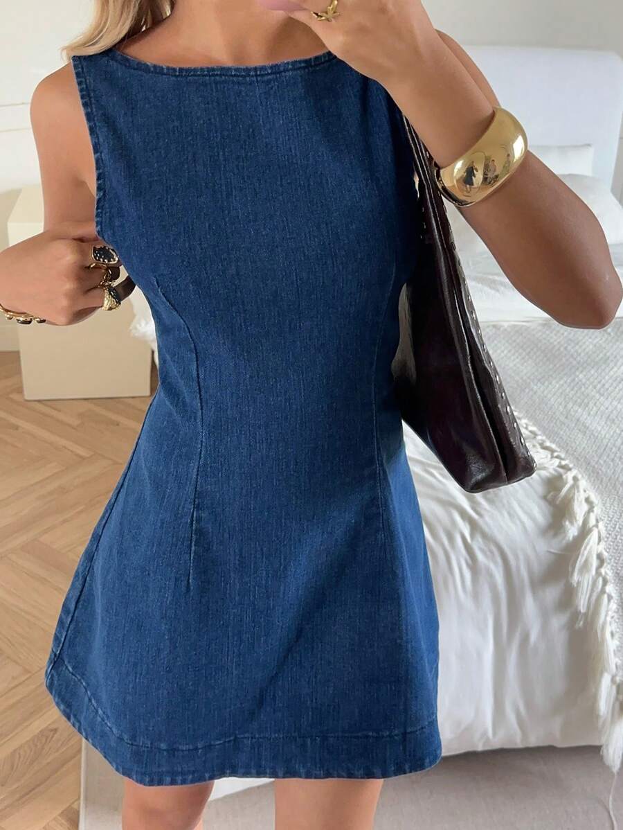 SHEIN EZwear 女式休闲无袖露背牛仔连衣裙，夏季