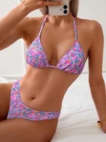 SHEIN Swim 女士夏季沙滩碎花吊带性感比基尼套装，印花图案随机选择 - 粉色 - 查看 4