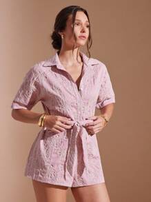L'Amorae Salopette estiva con colletto, bottoni, cintura e ricamo floreale rosa/bianco, adatta per le vacanze estive, abbigliamento estivo da donna, abbigliamento per brunch e vacanze