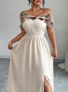 Elenzga Váy lưới thêu hoa thanh lịch cỡ lớn mùa hè - Đen và trắng - Xem 4