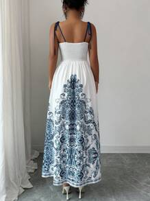 SHEIN LUNE Summer New White Paisley Print Spaghetti Strap Midi Dress, Slim Waist Elegant Covering Midsection - Multicolor - View 2