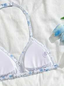 Costume da bagno a due pezzi con stampa floreale, design arricciato, gonna con coulisse e farfalla, adatto per vacanze, spiaggia e nuoto, per ragazze