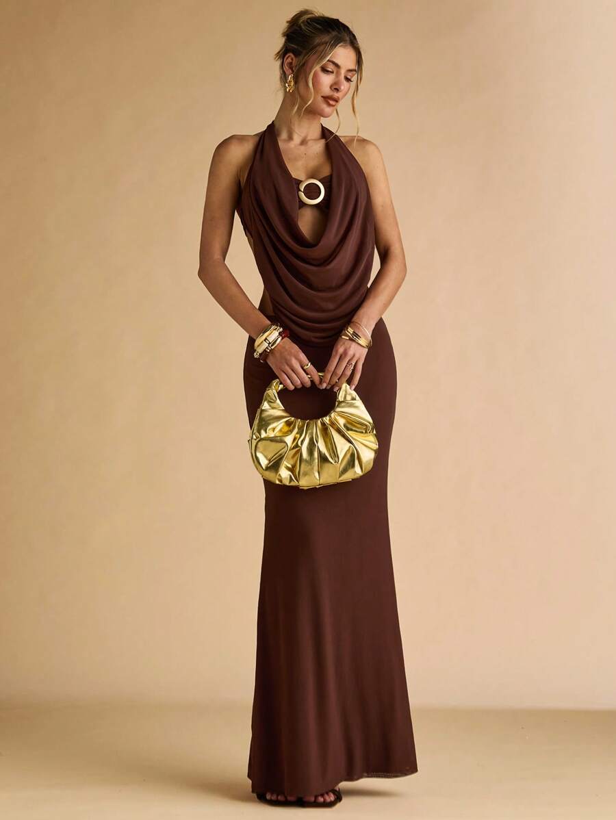 SHEIN BAE 夏季女式金属扣露背透视上衣和女式鱼尾中长裙两件套女式两件套女式棕色两件套 - 棕色 - 查看 1