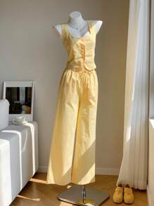 SHEIN EZwear 女士新款淡黄色亚麻吊带背心和裤子套装 - 黃色 - 查看 6