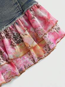 ROMWE Avant Váy ngắn denim họa tiết da báo và hoa cổ điển Y2K dành cho nữ - Bao gồm khăn quàng cổ và thắt lưng - Màu xanh lam - Xem 3