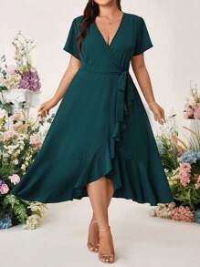 Cravure Plus Size Women's V-Neck Short Sleeve Patchwork Ruffle Hem Casual Fashion Midi Dress, Wedding