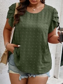 Calvaya Blusa de manga corta y cuello redondo para tallas grandes, ideal para el verano - Verde militar - Ver 3