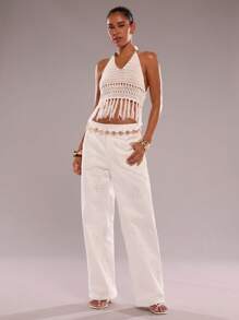 SHEIN BAE 夏季休闲吊坠项链式针织上衣 - 白色 - 查看 3