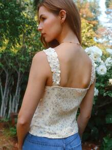WESTFADE Western Floral Print & Lace Scoop Neck Bow Tie Front Ruffle Straps Fitted Cami Summer Tank Top - Blue - View 2