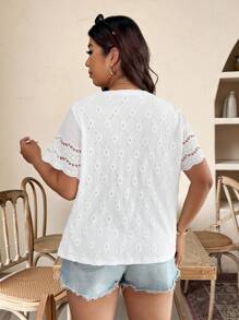 EMERY ROSE Plus Size Women Knit Elastic Hollow Out Round Neck Embroidered Lace Splicing Sleeve Casual Tee For Everyday Wear - White - View 2