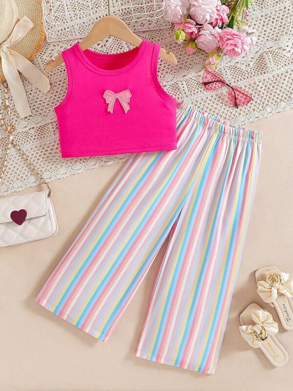 Set de 2 piezas de estilo coreano de verano: Blusa sin mangas decorada con moño + Pantalones anchos a rayas de colores para niña