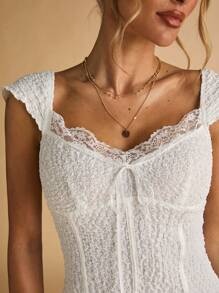 SHEIN BAE 夏季女装白色领口蕾丝拼接纹理针织紧身精致女士上衣 夏季上衣 短款上衣 白色上衣 - 白色 - 查看 8