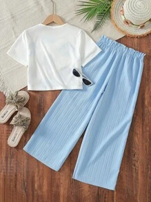 SHEIN 女童度假休闲基础款花卉印花宽松T恤+梭织纹理宽松裤套装，日常穿着 - 藍色 - 查看 2