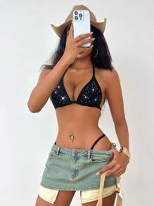 Swim EVENT Women's Sequin Patchwork Halter Tie Front Bikini Set For Summer Beach Vacation - Black - View 5