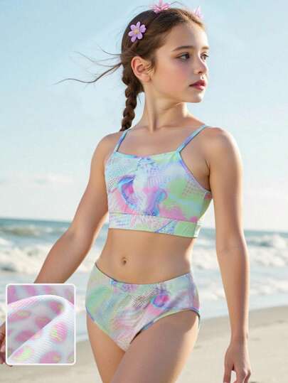 JNSQ 返校服，女童户外专业运动泳衣套装，儿童趣味全印花户外专业运动泳衣套装