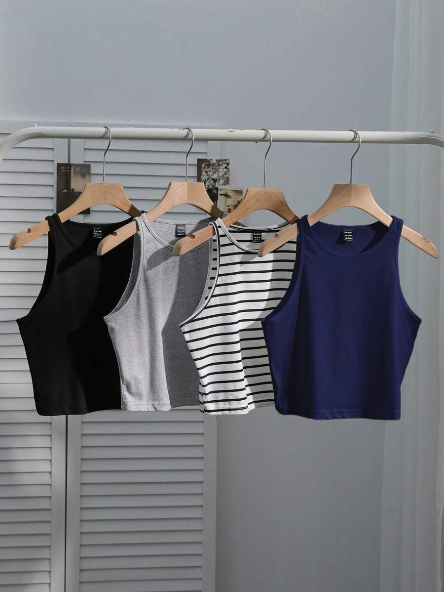 SHEIN EZwear 4pcs Women Casual Vests, Black, Navy Blue Floral, Gray, Black/White Stripe, Versatile Sexy Tight Fitting Tank Top, Summer Back To School