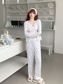 4件套少女优雅可爱甜美日常休闲白色底蓝色爱心印花吊带开衫裤子和发带睡衣套装 - 彩色 - 查看 3
