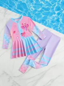 年轻女孩美人鱼渐变色图案印花长袖长裤泳衣，防晒海滩度假