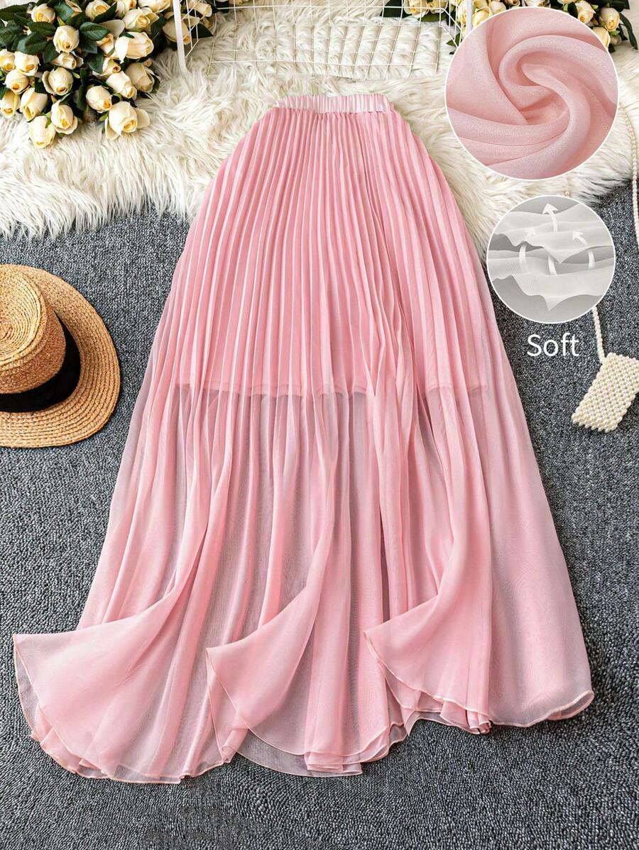 DreamSkyne Chân váy midi xếp ly voan trơn màu thanh lịch & lãng mạn cỡ lớn - Hồng - Xem 1