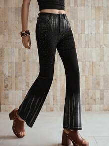 MOTF PREMIUM Jeans acampanados con detalles de strass - Negro - Ver 1