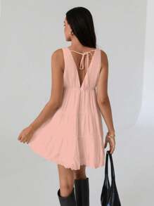 Roylia Váy Peplum xếp lớp không tay thắt nơ cho nữ - Hồng - Xem 2