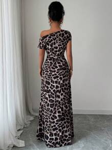 Elenzga Leopard Print Asymmetrical Shoulder Ruched Waist Dress - Brown - View 2