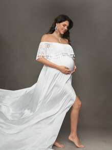 SHEIN 优雅明亮的露肩洗礼礼服，适合婴儿拍照和洗礼派对 - 白色 - 查看 1