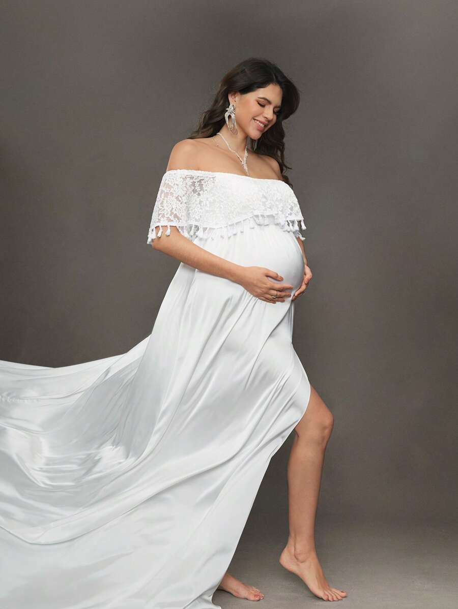 SHEIN 优雅明亮的露肩洗礼礼服，适合婴儿拍照和洗礼派对 - 白色 - 查看 1