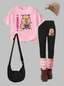 Elladie kids 1 套女孩休闲可爱卡通佩帕猪图案印花短袖 T 恤和踝长裤套装，春夏 - 彩色 - 查看 4