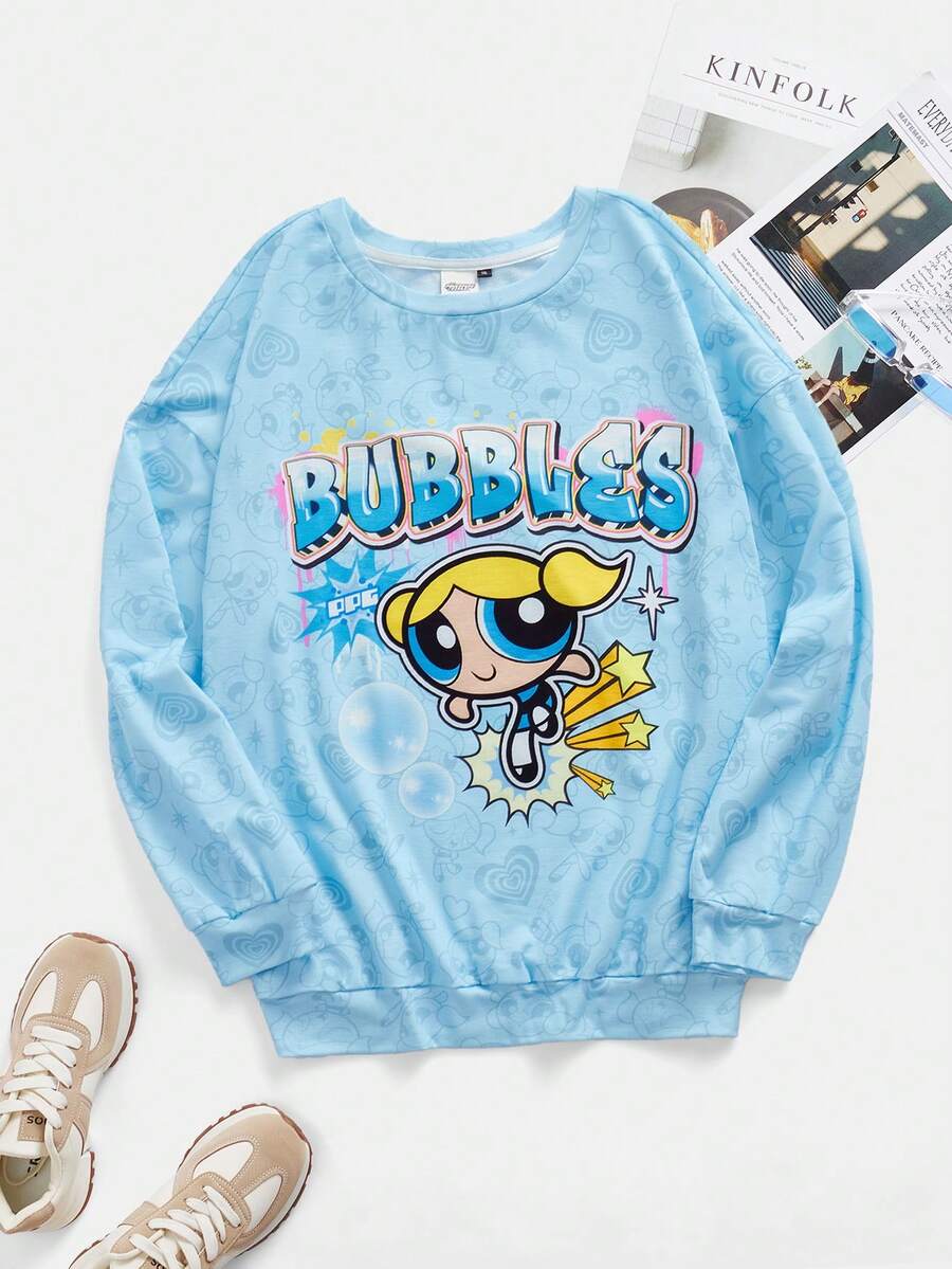 THE POWERPUFF GIRLS X SHEIN 大码卡通图案圆领长袖运动衫 - 藍色 - 查看 1