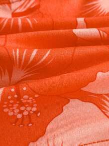 少女度假风芙蓉印花露背抽绳修身吊带背心，时尚无袖上衣，适合春夏派对、下午茶、海滩、邮轮等场合。 - 珊瑚橙 - 查看 4