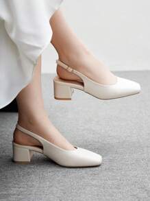 CUCCOO BIZCHIC 女士经典踝带露跟平底鞋，米色 PU 皮革低跟粗跟鞋，适合工作、约会、派对、度假和日常穿着 - 糯米白色 - 查看 3