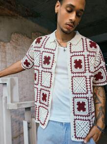 PAVTROS 男士花卉印花短袖单排扣休闲针织上衣 男士钩针衬衫 男士钩针衬衫 钩针男士衬衫 Y2k 夹克 男士返校 - 彩色 - 查看 4