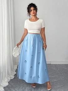 Elenzga Plus Size Hollow Flower Summer Casual Elegant Skirt Fall Cloth For Women - Blue - View 5