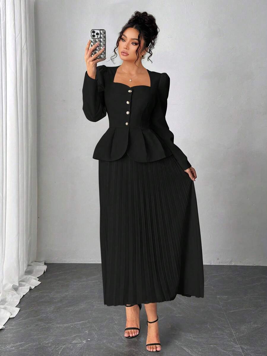 Elenzga 女士加大码甜心领单排扣褶皱长袖连衣裙，适合夏季 - 黑色 - 查看 1