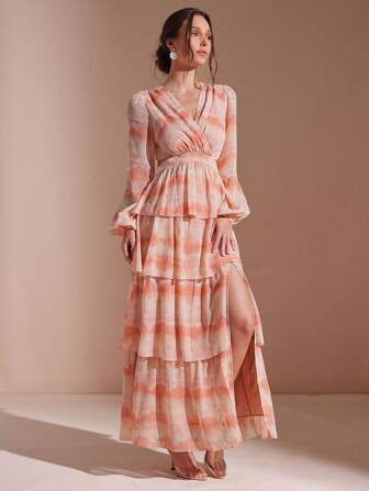 L'Amorae 女士优雅泡泡袖低领镂空荷叶边分层夏季长裙，侧开衩，女士夏季服装，女士度假服装，生日服装