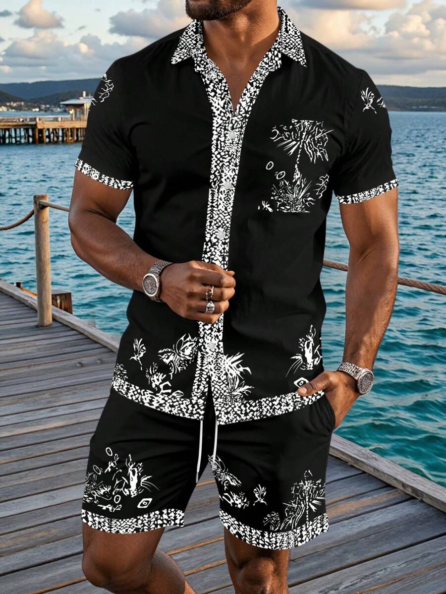 Manfinity RSRT Set de 2 piezas camisa de manga corta casual y pantalón corto con cordón para hombre