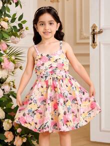 Girls' Summer New Cutout Floral Print Ruffled Front Strap Flare Dress, Casual Sweet Princess Style Dress, Versatile And Fashionable - Multicolor - View 1