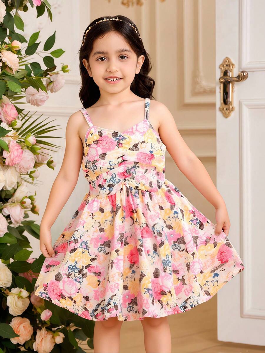 Girls' Summer New Cutout Floral Print Ruffled Front Strap Flare Dress, Casual Sweet Princess Style Dress, Versatile And Fashionable - Multicolor - View 1