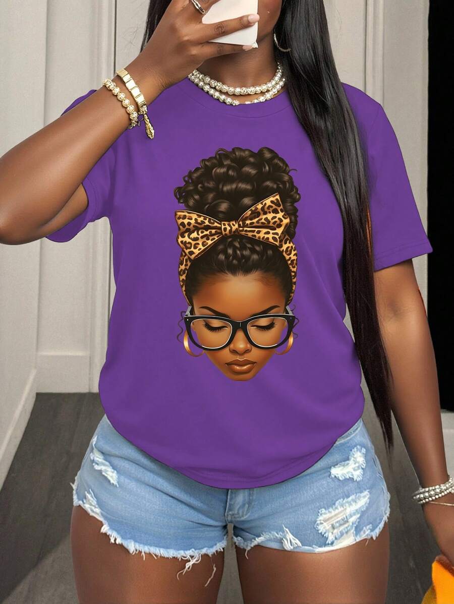 SHEIN Foxxy Women's Slim Fit Casual Figure Print Round Neck Short Sleeve T-Shirt Graphic Print - Purple - View 1