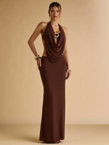 SHEIN BAE 夏季女式金属扣露背透视上衣和女式鱼尾中长裙两件套女式两件套女式棕色两件套 - 棕色 - 查看 6